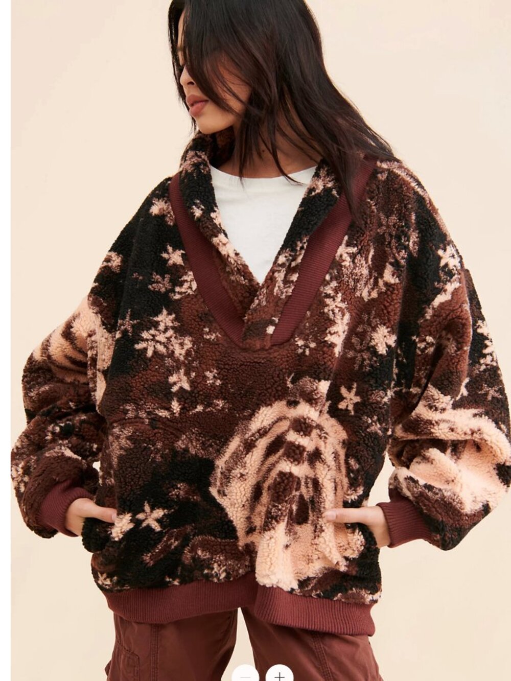 FREE PEOPLE | Rosie Brown Abstract Print Sherpa Fleece Teddy Jacket | (LARGE)